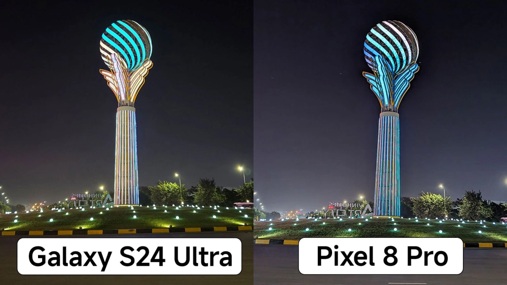 Cụm camera sau của Galaxy S24 và Pixel 8 chụp ảnh ban đêm.